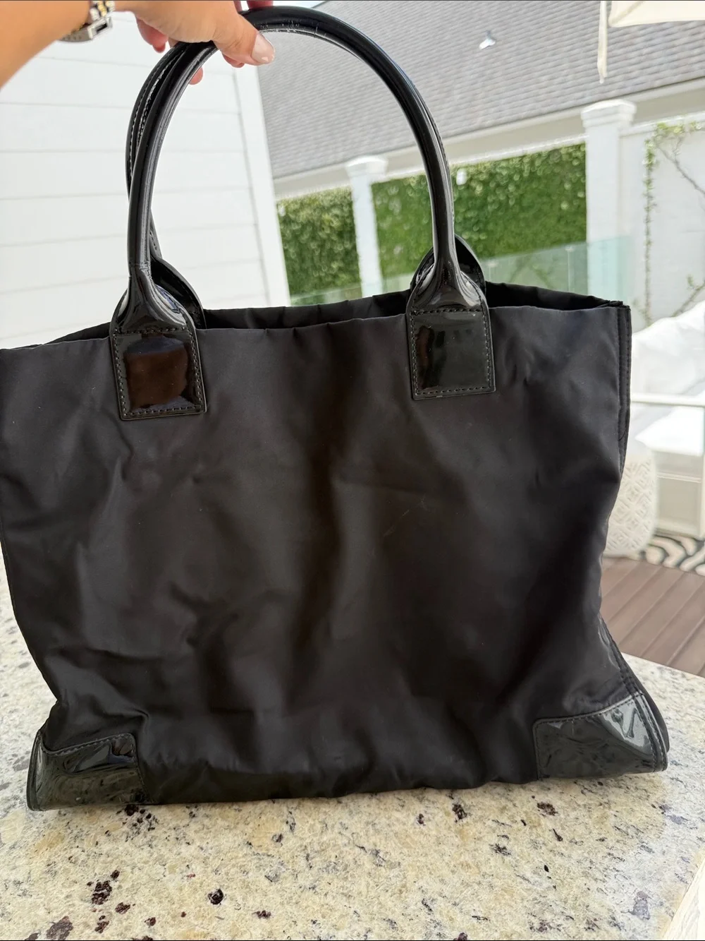 Tory Burch Black Nylon Tote with Patent Logo Detail